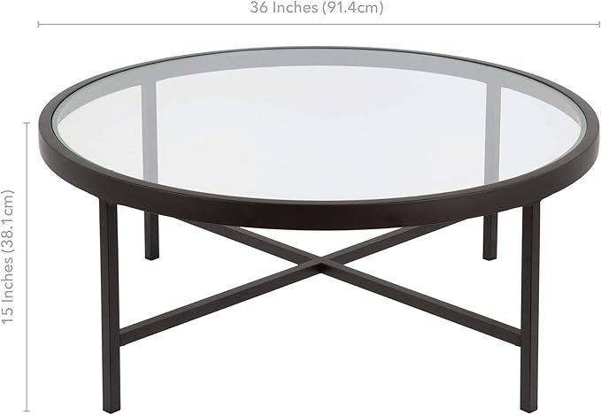 Henn&Hart 36" Wide Round Coffee Table with Glass Top in Blackened Bronze, Modern coffee tables for living room, studio apartment essentials