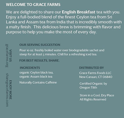 Grace Farms Organic English Breakfast Black Tea, 16 Pyramid Sachets | Fairtrade & Kosher |Gives Back 100% of Profits