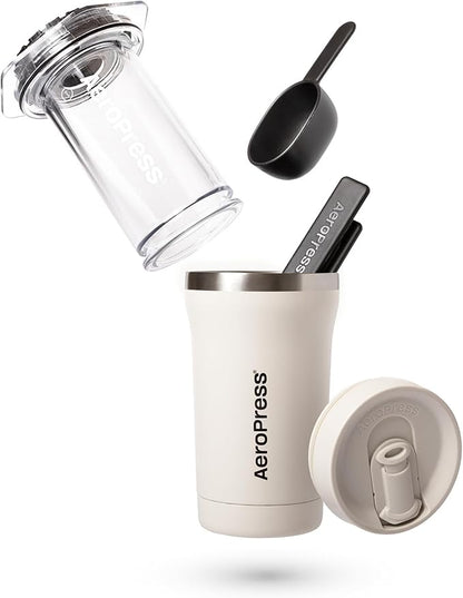 AeroPress Go Plus, Small Portable Coffee Maker for Travel & Camping - 3 In 1 Brew Method Combines French Press, Pourover, Espresso, Full Bodied Coffee without Bitterness, Coffee Press Kit - Cream
