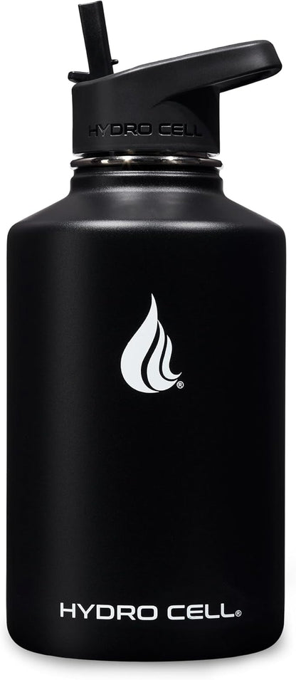 HYDRO CELL Stainless Steel Insulated Water Bottle with Straw - For Cold & Hot Drinks - Metal Vacuum Flask with Screw Cap and Modern Leakproof Sport Thermos for Adults (Black 64oz)