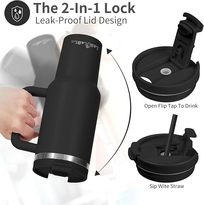 40oz Tumbler with Handle,Double Wall Vacuum Reusable Stainless Steel Insulated Water Bottle,With Leak Proof lid and Straw for Iced or Cold Beverages (Black)