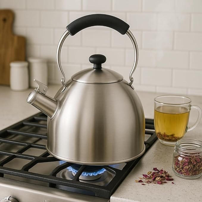Creative Home 2.6 Qt Heavy-Duty Stainless Steel Whistling Tea Kettle, Durable Heat‑Efficient Water Boiler with Steam Whistle and Heat-Resistant Handle, Induction‑Safe Kitchen Pot and Stylish Gift