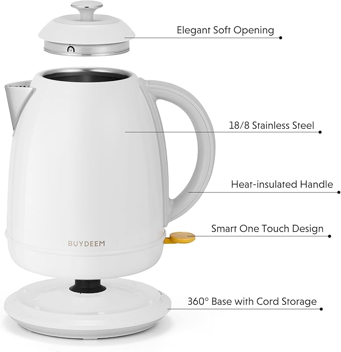 BUYDEEM K640 Stainless Steel Electric Tea Kettle with Auto Shut-Off and Boil Dry Protection, 1.7 Liter Cordless Hot Water Boiler with Swivel Base, 1440W, Arctic White