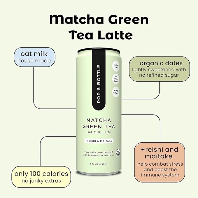 Pop & Bottle, Classic and Matcha Oat Milk Lattes - Reishi and Maitake Mushrooms, Green Tea, Cold Brew, Coffee Berry, MCT Oil, Organic, Dairy & Gluten Free, Vegan - 8 Fl Oz, (Pack of 12), 6 Each