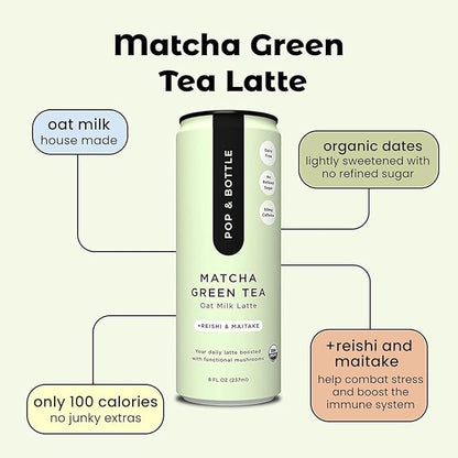 Pop & Bottle, Classic and Matcha Oat Milk Lattes - Reishi and Maitake Mushrooms, Green Tea, Cold Brew, Coffee Berry, MCT Oil, Organic, Dairy & Gluten Free, Vegan - 8 Fl Oz, (Pack of 12), 6 Each