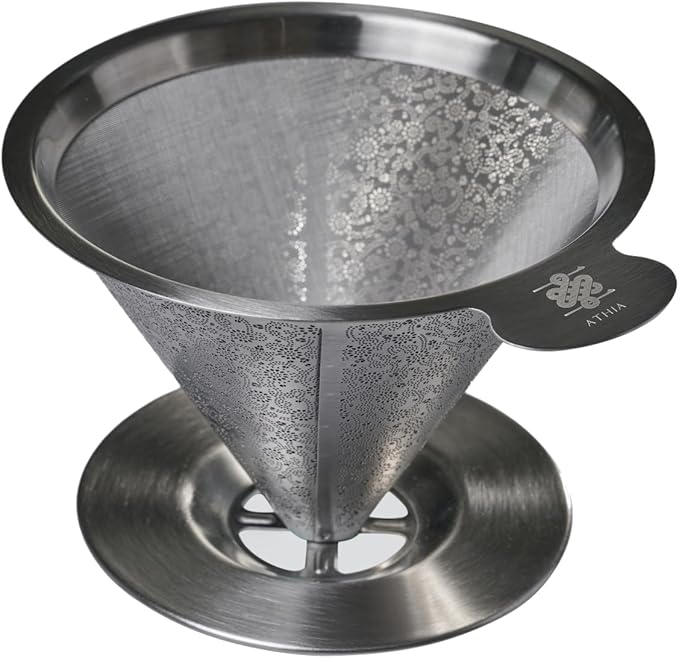 ATHIA Reusable Coffee Filter, Stainless Steel Pour Over Dripper with Laser-etched Mesh Cone, Eco-Friendly Paperless Design, Fits Most Mugs, Carafes & Hario brewers (Silver, Flower Carving)