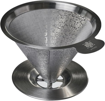 ATHIA Reusable Coffee Filter, Stainless Steel Pour Over Dripper with Laser-etched Mesh Cone, Eco-Friendly Paperless Design, Fits Most Mugs, Carafes & Hario brewers (Silver, Flower Carving)