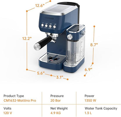 Cappuccino Machine 20 Bar, Professional Espresso Machines for Home and Office with Automatic Milk Frothering System, Barista Compact Latte Maker for Coffee Lovers, Stainless Steel-Blue