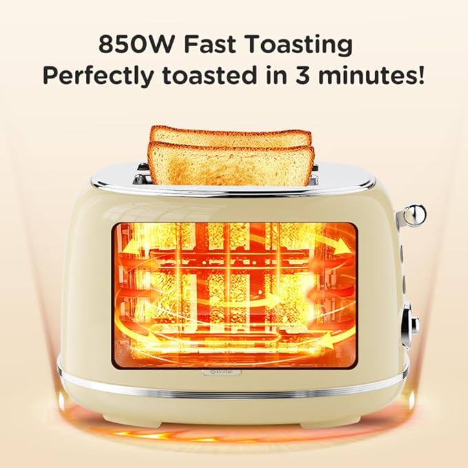 Toaster Retro 2 Slice, Vintage White Toaster with Lid, with Bread Attachment, Preheat, Defrost And Cancel Functions, 6 Browning Levels (Beige)