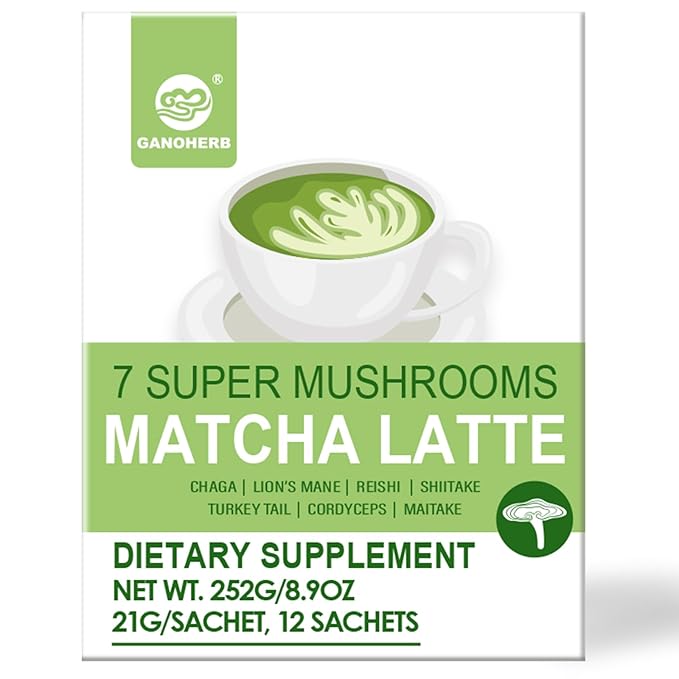 Mushroom Matcha Powder Latte Mix, 7.4 Ounce, 7 Superfood Mushrooms with 25% Beta-Glucans, Lions Mane, Reishi, Chaga, Coconut Powder, Ceremonial Grade Matcha Tea
