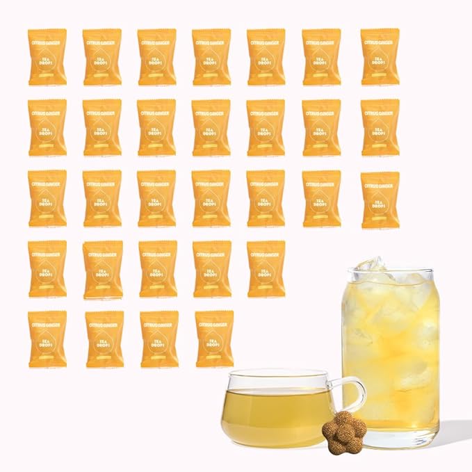 Tea Drops 30 Bulk Pack Organic Citrus Ginger Bagless Tea - Loose Leaf, Lightly Sweetened, On-The-Go. Plastic-Free- Iced or Hot