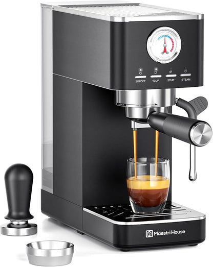 Maestri House Espresso Machine, 20 Bar ULKA Pump, Compact Espresso Maker Built-in Flow Meter Steam Milk Frother, Stainless Steel Coffee Machine for Cappuccino, Latte (Black)