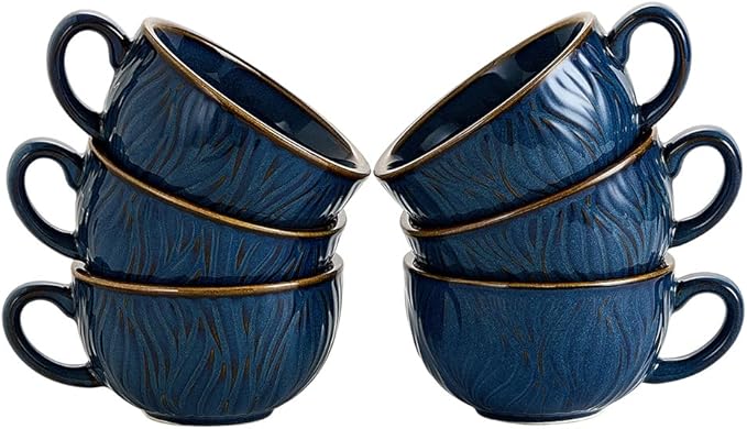 Set of 6 Vintage Design 12 oz Professional Barista Ceramic Latte Art Cappuccino Cups Set (Wave Blue)