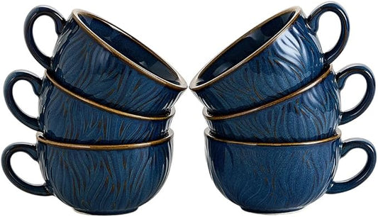 Set of 6 Vintage Design 12 oz Professional Barista Ceramic Latte Art Cappuccino Cups Set (Wave Blue)