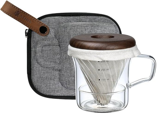 ATHIA Glass Pour Over Coffee Maker Set, Glass Cone Dripper, Reusable Cloth Filter, Minimal Single Cup on the Go,Walnut wood_dark color