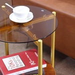 Load image into Gallery viewer, Small Round Coffee Tables for Living Room, Mid Century Side Table with Brown Glass Top, Solid Brown Storage Shelf and Sturable Gold Legs for Small Space, Office, Department