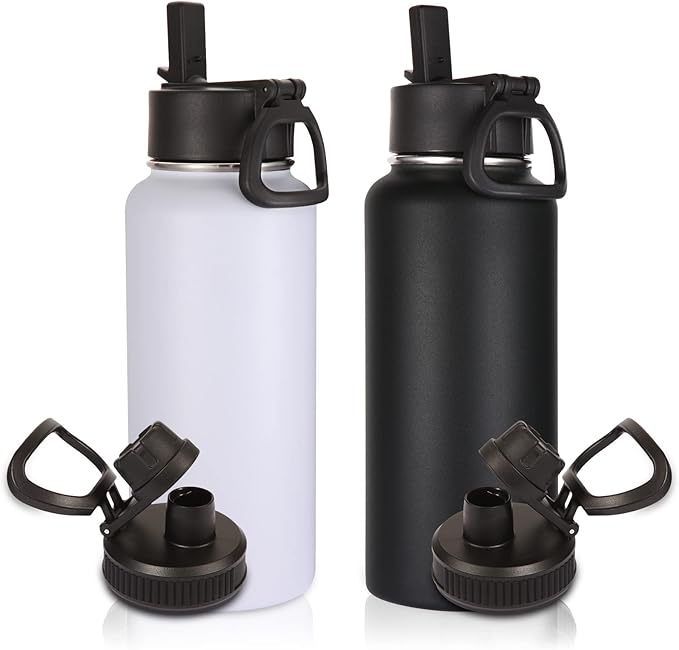 Volhoply 32 oz Insulated Water Bottles Bulk 2 Pack with Straw Lid & Spout Lid,Stainless Steel Sports Water Bottle,Double Wall Vacuum Cups,Leakproof Wide Mouth Metal Flask for Hiking,Camping(Mix,2)