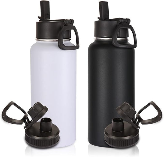 Volhoply 32 oz Insulated Water Bottles Bulk 2 Pack with Straw Lid & Spout Lid,Stainless Steel Sports Water Bottle,Double Wall Vacuum Cups,Leakproof Wide Mouth Metal Flask for Hiking,Camping(Mix,2)