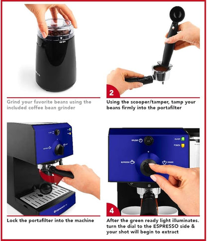 EspressoWorks All-In-One Espresso Machine 7-Piece Set - Latte Maker Includes Grinder, Frothing Pitcher, Cups, Spoon and Tamper - Coffee Gifts (Blue)