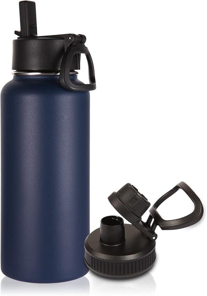 Volhoply 32 oz Insulated Water Bottle with Straw Lid and Spout Lid,Stainless Steel Sports Water Bottle,Double Wall Vacuum Cups,Leakproof Metal Flask with Wide Mouth for Hiking,Camping(Navy,1)