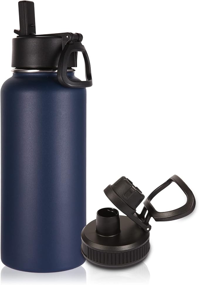 Volhoply 32 oz Insulated Water Bottle with Straw Lid and Spout Lid,Stainless Steel Sports Water Bottle,Double Wall Vacuum Cups,Leakproof Metal Flask with Wide Mouth for Hiking,Camping(Navy,1)