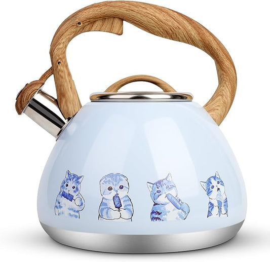 Tea Kettle, Toptier Teapot Whistling Kettle with Wood Pattern Handle Loud Whistle, Food Grade Stainless Steel Tea Pot for Stovetops Induction Water Kettle, 2.7-Quart Blue Cat