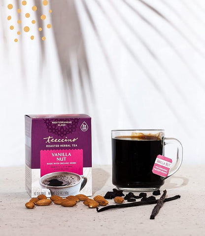 Teeccino Vanilla Nut Herbal Tea - Rich & Roasted Herbal Tea That’s Caffeine Free & Prebiotic for Natural Energy, 10 Tea Bags (Pack of 4)