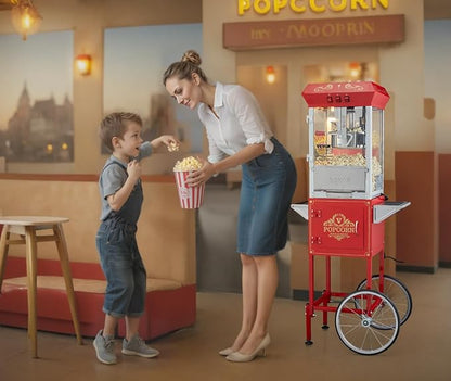 VEVOR Commercial Popcorn Machine, 8 Oz Kettle, 850 W Popcorn Maker on Wheels for 48 Cups per Batch, Theater Style Popper with 3-Switch Control Steel Frame Tempered Glass Doors Cart 1 Scoop 2 Spoons