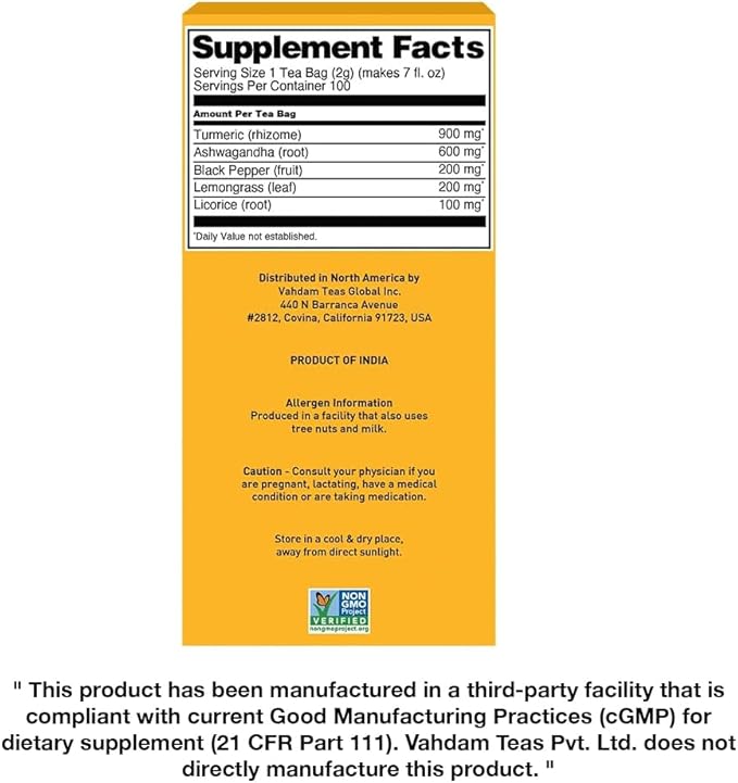 VAHDAM, Turmeric Ashwagandha Herbal Tea Bags (100 Count) Caffeine Free, Non GMO, Gluten Free | 100% Pure Herbal Blend - Sweet & Earthy | Whole Leaf Tea Bags | Resealable Ziplock Pouch