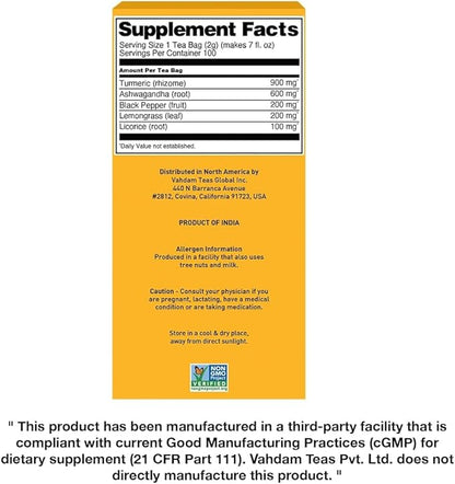 VAHDAM, Turmeric Ashwagandha Herbal Tea Bags (100 Count) Caffeine Free, Non GMO, Gluten Free | 100% Pure Herbal Blend - Sweet & Earthy | Whole Leaf Tea Bags | Resealable Ziplock Pouch
