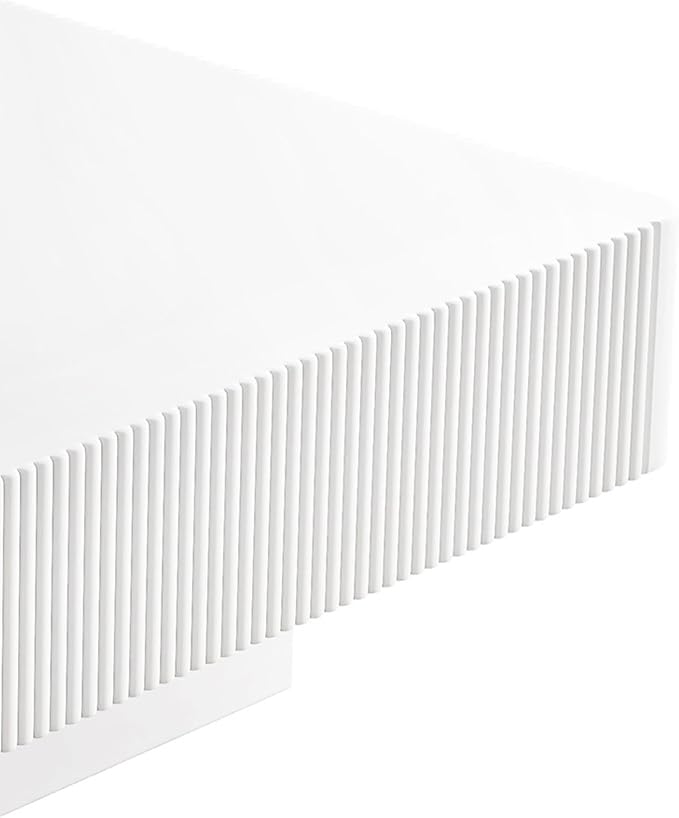 31.6 Inch Square Drum Coffee Table, Modern Handcraft Fluted Drum Coffee Table, Wooden Square Center Table Cocktail Table with Stable Pedestal for Living Room Apartment (White)