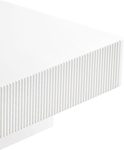 31.6 Inch Square Drum Coffee Table, Modern Handcraft Fluted Drum Coffee Table, Wooden Square Center Table Cocktail Table with Stable Pedestal for Living Room Apartment (White)