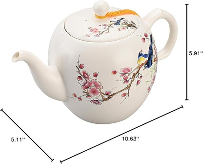 Teapot with Infuser Ceramic Tea Pot with Removable Stainless Steel Fliter for Loose Tea 15.80 OZ/450ml (1-2cups) Teapots for Tea Coffee Milk for Office Home Men Women White(Magpie)