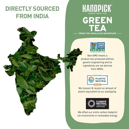 HANDPICK, Green Tea Loose Leaf (255g/9oz) +100 Cups | Non-GMO, 100% Pure Green Tea Leaves Sourced from Himalayas, India | Resealable Ziplock Pouch