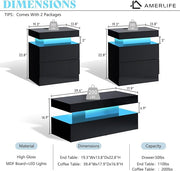 AMERLIFE High Gloss 3 Pieces Living Room Table Set, Modern LED Coffee Table Sets of 3, 2-Tier Center Table with 2 End Side Tables, LED Lights Bedside Table Nightstands with Charging Station, Black