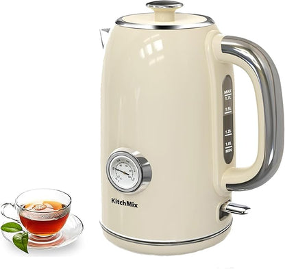 Electric Stainless Steel Tea Kettles1500W-1.7L-with Thermometer, Auto Shut-Off & Boil-Dry, Cool Touch Handle, BPA Free Kettle & Hot Water Kettle (Beige)