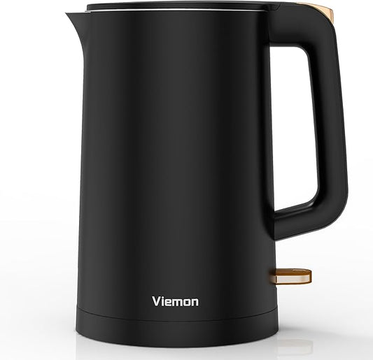 Electric Kettle, 1.7L Double Wall Stainless Steel Cool Touch, Water Boiler & Heater, 1500W Hot Tea Pot, Boil Dry Protection & Auto Shut-Off, Cordless Base & LED Indicator, Black Gold