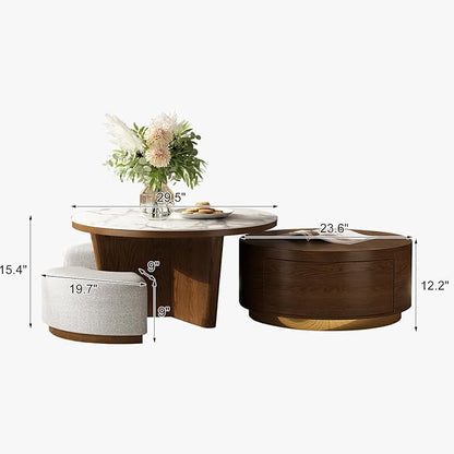 Lartis Coffee Table Set 2 - Walnut Coffee Table with Drawer and Stools - Marble Circular Stone Tabletop Modern Design Round Coffee Table for Living Room