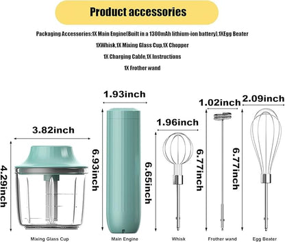 4-in-1 Frother Wand, Handheld Frother, Coffee Frother Handheld, Electric Whisk, Milk Frother Wand for Coffee, Matcha, Electric Hand Mixer, Mini Onion Chopper 10Oz, Small Cordless Hand Blender, 4 Speed