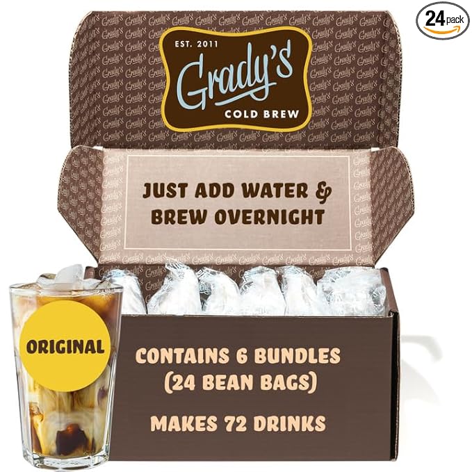 GRADY’S COLD BREW, New Orleans Style, 100% Arabica Ground Coffee & Chicory Pouches, SIX Bundles of 4 Easy-to-Brew Bean Bags, Makes 72 drinks