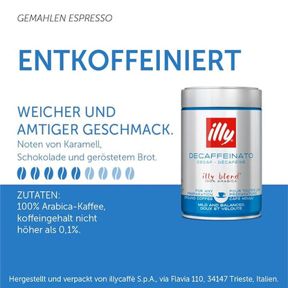 illy Ground Coffee Espresso - 100% Arabica Beans – Classico Decaf Roast - Notes of Caramel, Toasted Bread & Chocolate - Rich Aromatic Profile - No Preservatives – 8.8 Ounce