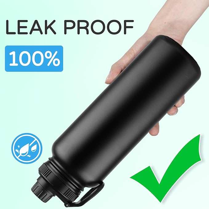 DOMICARE 40 oz Insulated Water Bottle Bulk, Vacuum Insulated Stainless Steel Sports Water Bottle with Straw Lid & Spout Lid, Leakproof, Reusable - Travel, Camping, Bike, Black (4 Pack)