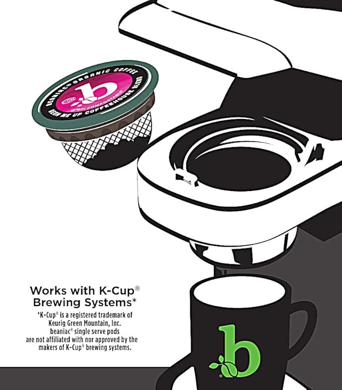 beaniac Organic Bean Me Up Coffeehouse Blend, Medium Roast, Single Serve Compostable K Cup Coffee Pods, Organic Arabica Coffee, Keurig Brewer Compatible, 30 Count