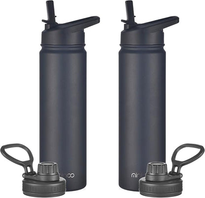 mininoo 24 oz Insulated Water Bottle with Straw Lid, Stainless Steel Double Wall Vacuum, Leak Proof, BPA Free, Keep Cold for 24H & Hot for 12H-2 pack(Black)
