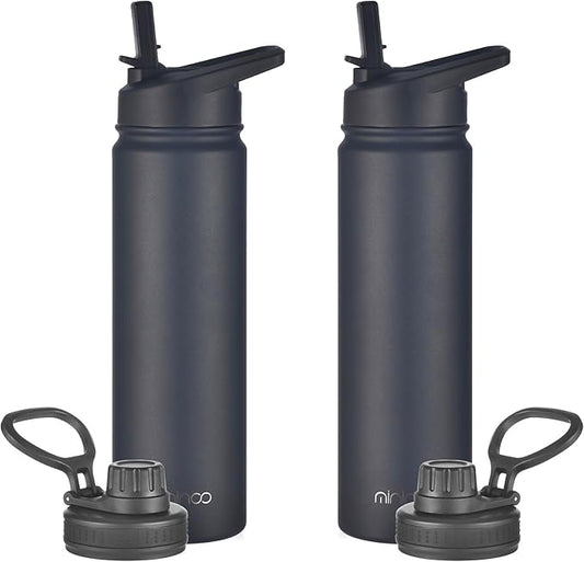 mininoo 24 oz Insulated Water Bottle with Straw Lid, Stainless Steel Double Wall Vacuum, Leak Proof, BPA Free, Keep Cold for 24H & Hot for 12H-2 pack(Black)