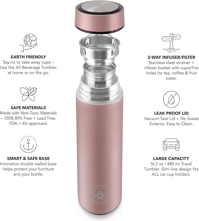 Teabloom - The ORIGINAL All-Brew Travel Tumbler & Thermos | OPRAH’s Favorite | 16oz/480ml Stainless Steel Insulated Water Bottle/Tea Flask/Cold Brew Coffee Mug