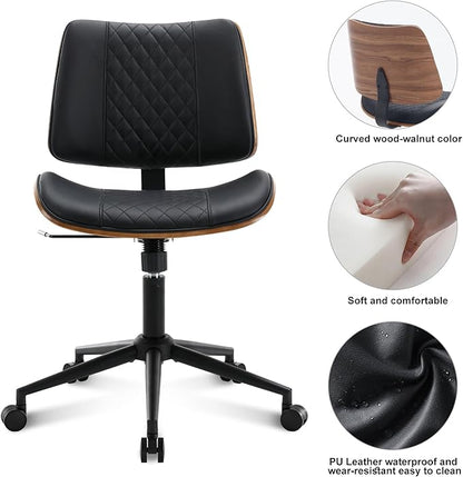 BV Small Desk Chair, Mid Century Office Chair with Bentwood Back, Armless Task Swivel Chair with Wheels, Mid Back No Arms, Faux Leather Office Chairs for Small Space, Black