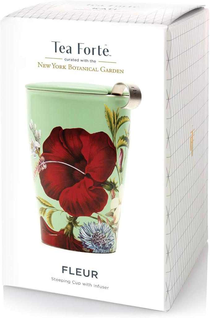 Tea Forte Fleur Double-Walled Ceramic Kati Cup with Removable Stainless Steel Infuser Basket and Lid, Steeps 12 oz Loose Leaf Tea, Lid and Cup Dishwasher & Microwave Safe