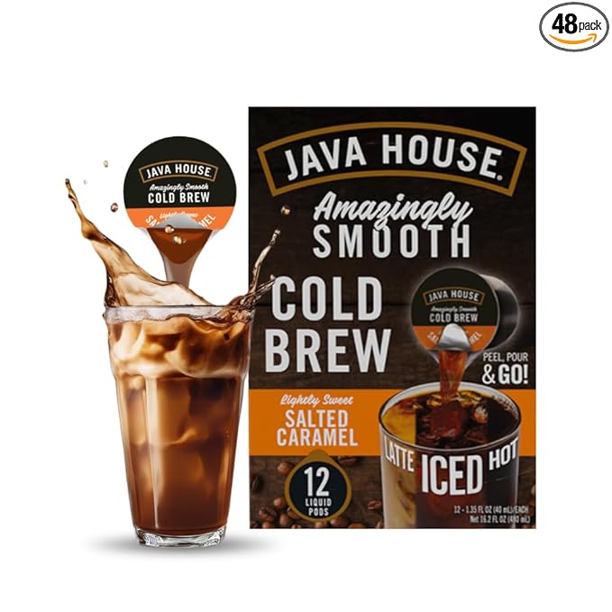 JAVA HOUSE Salted Caramel Lightly Sweet Cold Brew Coffee Pods, (48 Count) Peel and Pour Pods Hot or Iced