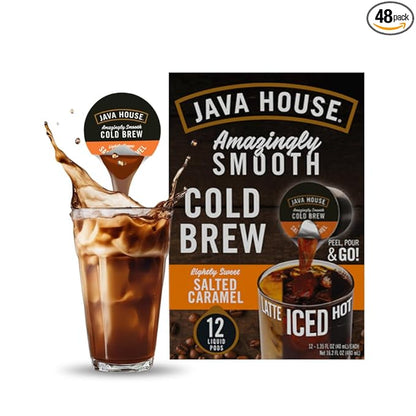 JAVA HOUSE Salted Caramel Lightly Sweet Cold Brew Coffee Pods, (48 Count) Peel and Pour Pods Hot or Iced
